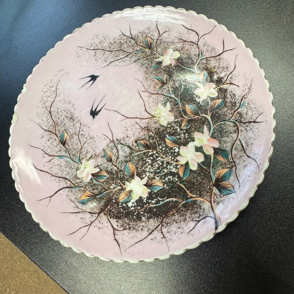 Vintage Japanese Imado Porcelain Plate Pink Swallows cherry blossoms Mid Century